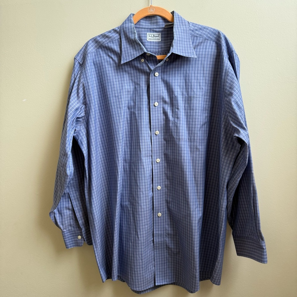 L.L Bean blue checkered plaid Casual Button Down Shirt cotton Size 17